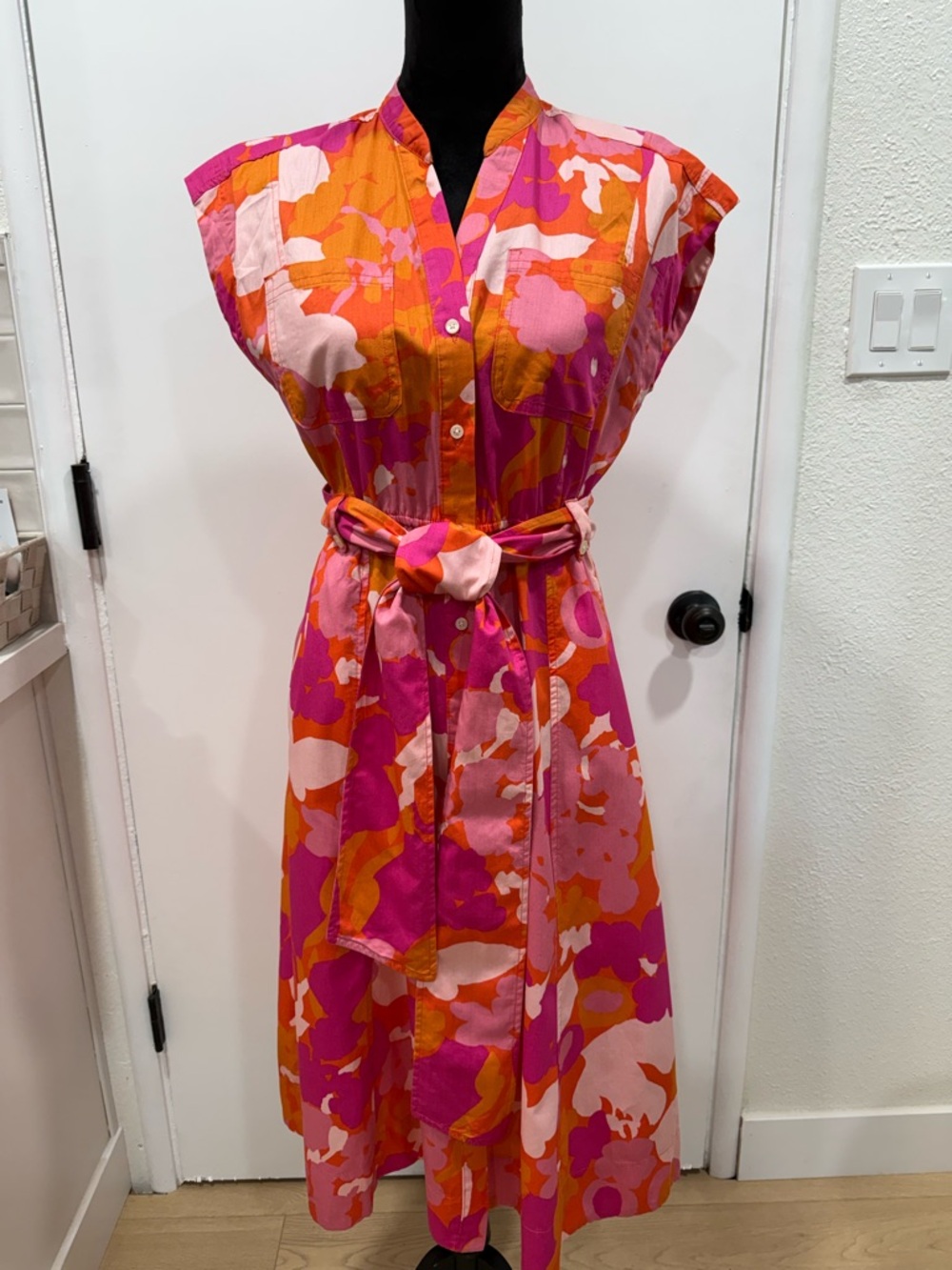 Free Assembly Pink Orange Floral Belted Midi Dress XS 100% Cotton
